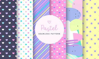 Sweet Pastel seamless pattern collection. Set of 6 colorful background with polka dot, stripe and simple symbol. Kawaii patterns vector for gift wrap, wallpaper, wrapping paper and fabric patterns.  - obrazy, fototapety, plakaty