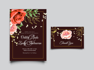 beautiful flower and leaves watercolor wedding invitation cards
