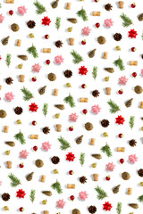 modern christmas background on white backdrop. creative flat lay for christmas time, banners, posters, prints and other creative works.