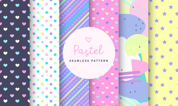 Sweet Pastel seamless pattern collection. Set of 6 colorful background with polka dot, stripe and simple symbol. Kawaii patterns vector for gift wrap, wallpaper, wrapping paper and fabric patterns. 