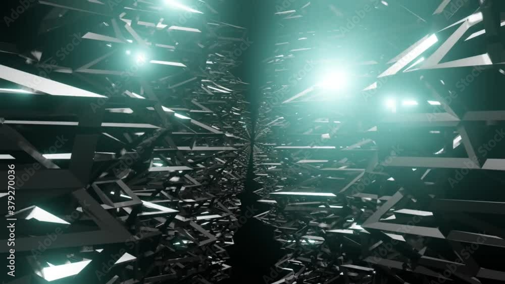 Aufkleber 4k video animation of abstract sci-fi metallic structure having sharp and barbed corners and reflect