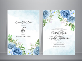 Fototapeta na wymiar beautiful wedding invitation template with blue roses watercolor theme