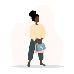 Woman shopping. Happy african girl carrying bags. Vector cartoon illustration isolated on white background. Promotion and sale template.