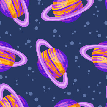 Saturn abstract seamless space pattern background with planets with rings. Solar system planets children wallpaper texture tile. Vector stock image
