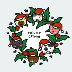 Obraz na płótnie Canvas Cats wear Santa hat stay in Christmas wreath with word Meowy Catmas cartoon vector illustration
