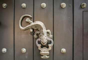 Close up of tradtional door lock on wooden door in Cartagena, Colombia