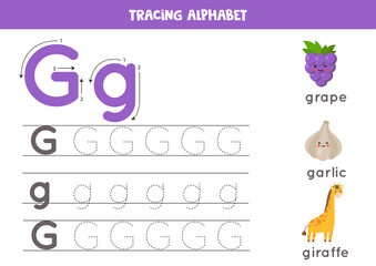 Handwriting practice with alphabet letter. Tracing G.