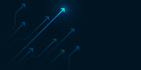 Glow up arrows circuit on dark blue background copy space digital business growth concept