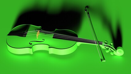 Green classic violin on green plate under spot lighting background. 3D sketch design and illustration. 3D high quality rendering.