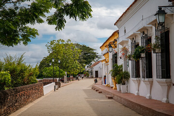 Promenade with typical historic houses, trees,  Santa Cruz de Mompox, Colombia, World Heritage