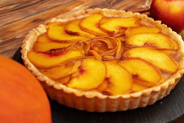 Apple tart pie for Thanksgiving celebration on wooden table