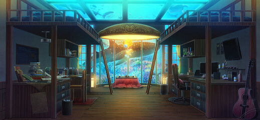 Fototapeta na wymiar Fantasy aquarium and Roommate - Turn off light.