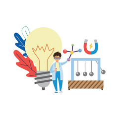 School physics classes and lessons with child boy flat vector illustration.