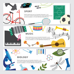 Banners with elements of school subjects - PE, music, and biology.