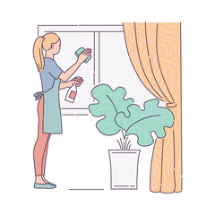 Housewife performing housework and washing window, sketch vector illustration.