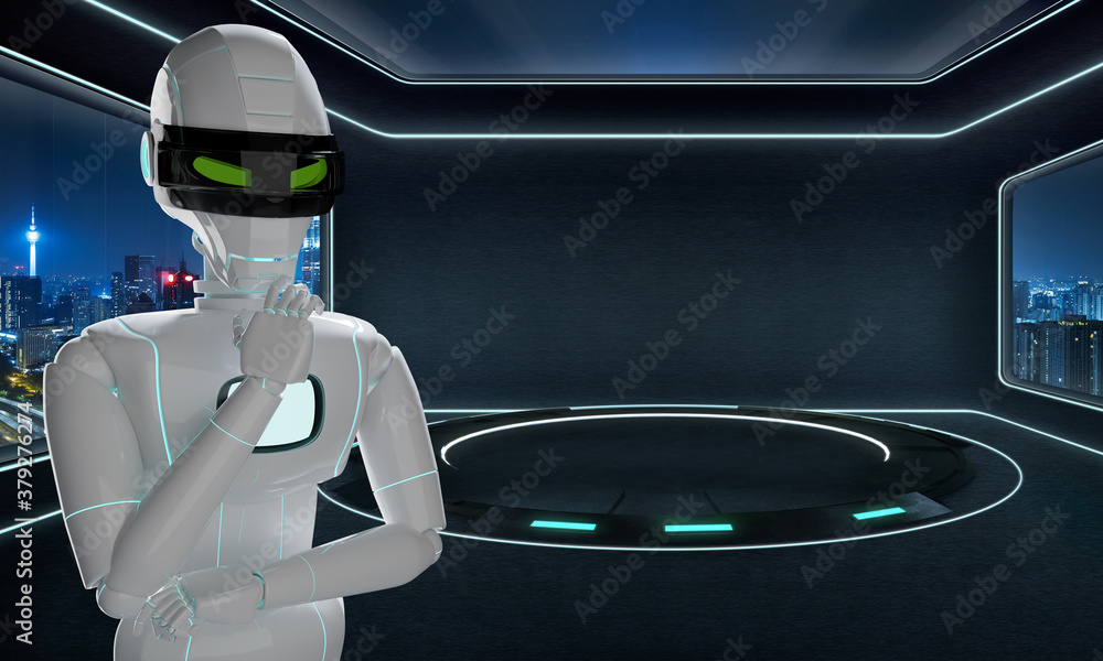 Aufkleber ai robot thinking with compute in futuristic lab with large windows and city urban landscape. artifi
