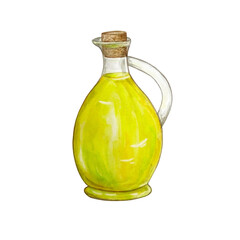 Hand drawn watercolor illustration of olive yellow oil