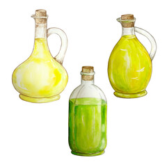 Hand drawn watercolor illustration of olive yellow oil