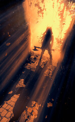 The silhouette of a female warrior who stands with an axe in her hands at the entrance to a dark dungeon, the bright rays of the sun Shine on her back. 2D illustration.