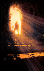The silhouette of a female warrior who stands with an axe in her hands at the entrance to a dark dungeon, the bright rays of the sun Shine on her back. 2D illustration.
