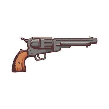 Retro revolver or cowboy gun cartoon icon, sketch vector illustration isolated.