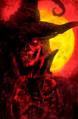 A creepy, bloody, sinister skeleton in a hat with a bright demonic eye looks at the viewer with fury and passion against the background of a bright yellow moon. 2D illustration