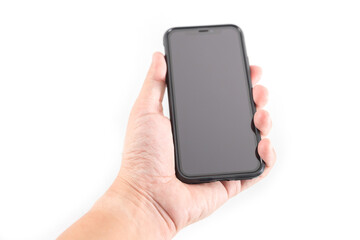 Hand to hold mobile phone isolated