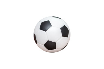 Classic leather soccer ball isolated on white background. Traditional black and white football equipment to play a competitive game. This photo can be used for sport concept.