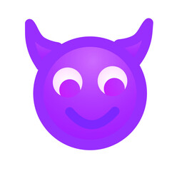 High quality emoticon smiling with horns, devil emoji isolated on white background. Purple face devil emoji.Popular chat elements. Trending emoticon.