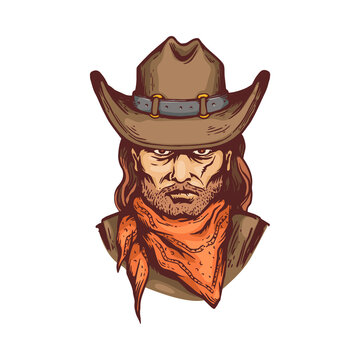 Portrait of cowboy in hat and bandana, cartoon vector illustration isolated.