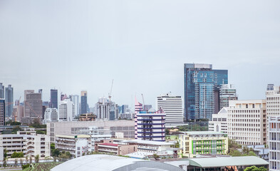 Aerial view of Cityscape modern office building and living place at Phayathai Road, Pathum Wan, Bangkok, Thailand.