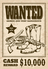 Vintage western Wanted poster with cowboy boots flat vector illustration. - obrazy, fototapety, plakaty