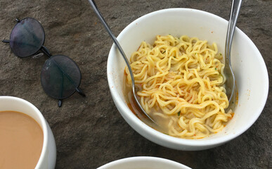Boiled instant noodles in a tempting bowl
