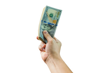 Closeup shot of businessman hand holding American dollars cash isolated on white background. Financial money income or profit incentive corporate concept. Receiving illegal payoff.