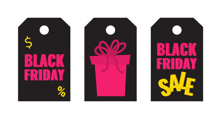 Set of Black Friday event sale tags with pink gift on dark background. Advertising campaign concept. Vector stock illustration.