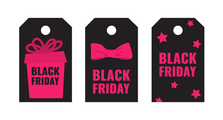 Set of Black Friday event shopping tags with pink gift and bow on dark background. Advertising campaign concept. Vector stock illustration.