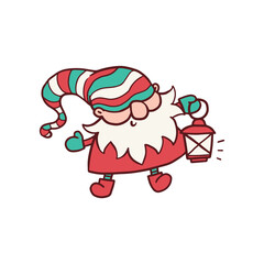 Cute Christmas dwarf or elf with lantern, flat vector illustration isolated.