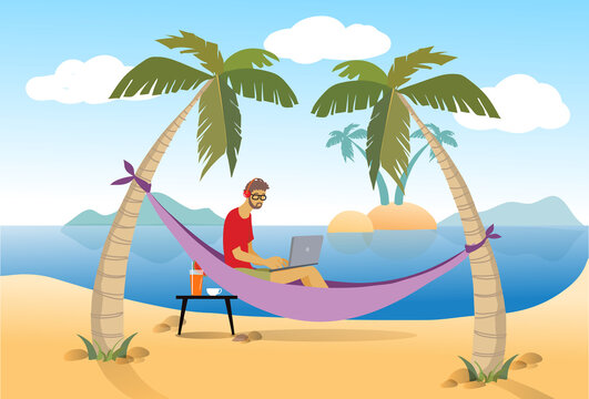 Distant worker with laptop freelancer man lying on hammock among palms at seascape, working female combine rest and job, positive remote employee .
