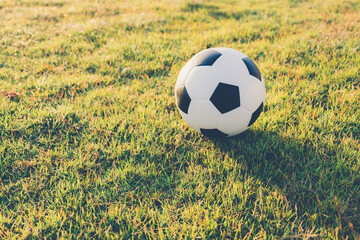 Beautiful view of classic leather soccer ball on green grass field in sports stadium during sunset background. Football arena championship tournament background concept.
