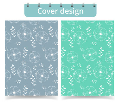 Cover template layout design. Vector illustration of cover design. Seamless floral pattern of white outlined flowers and leaves on bluish gray. Notebook template
