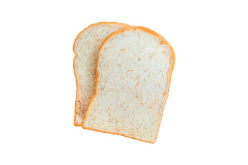 Above view of two slice fresh whole wheat bread isolated on white background. Top view of baked bun.