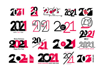 Big set of 2021 Happy New Year signs. Collection of 2021 Happy New Year symbols. Greeting card artwork, brochure template. Vector illustration with black holiday labels isolated on white background.