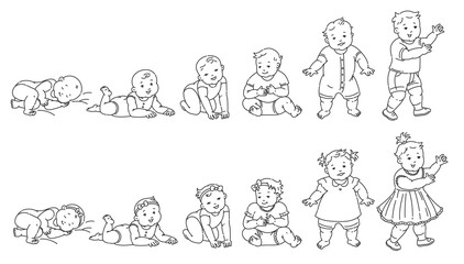 Set sketches of child in first year of life, vector illustration isolated.