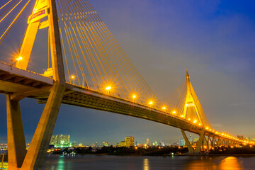 The beautiful view of Bhumibol Bridge during the night time in Bangkok at Thailand, known as the Industrial Ring Road Bridge over the Chao Phraya River.