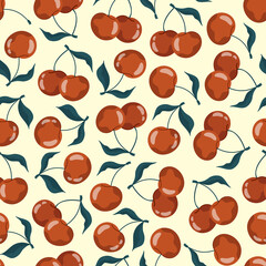 Seamless pattern with cherries and sweet cherries on a pastel yellow background. Vector stock illustration. For wrapping paper design and social media. Cute childish drawing. Hand-drawn style.