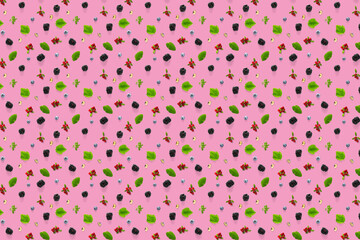 Set of wild berries, blackberry, blueberry, lingonberry and bramble. Background on pink backdrop made from autumn forest wild berries.