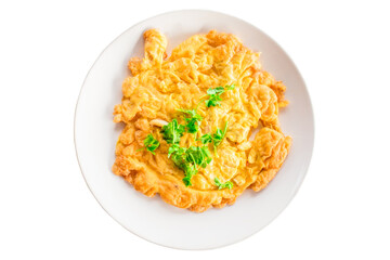 Above view of omelette with vegetable in ceramic plate isolated on white background. Omelet with onion it's egg fry popular traditional Thai Asian style food. Top view, Top-down