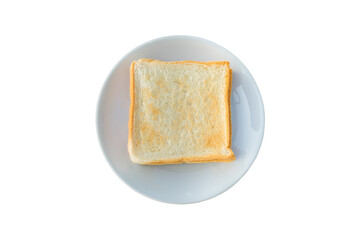 Above view of slice toast bread in plate isolated on white background. Top view of baked bun.
