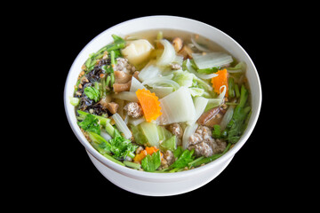 Top view of cabbage Soup with Tofu, Minced Pork Ball Sprinkle and Crispy Garlic Healthy Food.