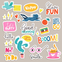 Stickers and labels with funny trendy elements, signs and lettering.